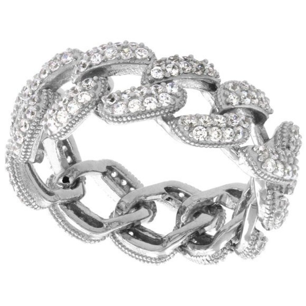 Sterling Silver CZ Link Chain Ring for Women Micro pave Rhodium Finish 5/16 inch
